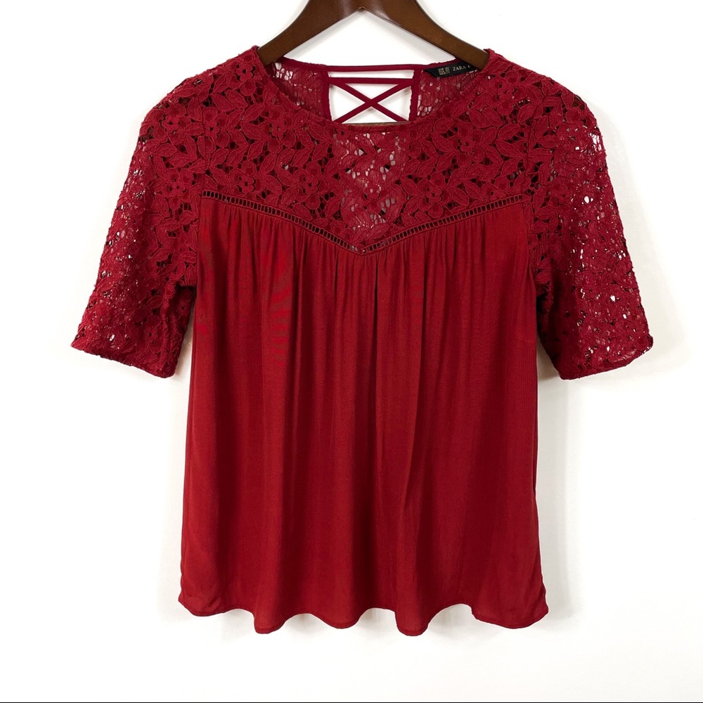Zara Lace 1/2  Sleeve Burgundy Top